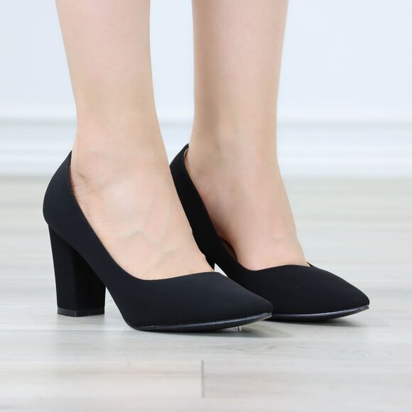 Classic Block High Heel Slip On Pointed Toe Pumps Black Nubuck - Picture 1 of 12
